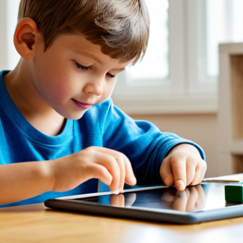 Home 4 Technology and Childhood**
"A child sitting at a desk, fully clothed in casual wear, using a tablet, but with building blocks and books visible in the background, suggesting a balance between technology and traditional play, in a brightly lit playroom, safe for work, appropriate content, family-friendly, professional, perfect anatomy, natural proportions, well-formed hands, proper finger count."
**
