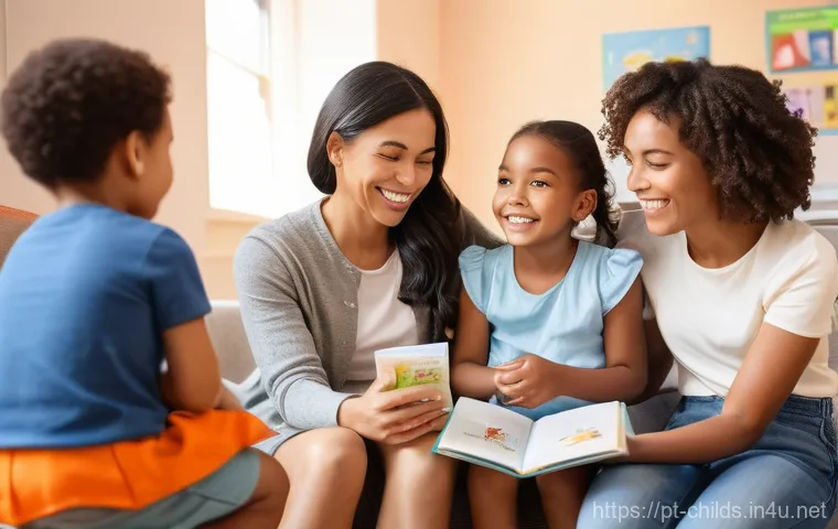 아동심리상담사 블로그 운영법 - **Prompt:** A diverse group of smiling parents and their children (ages 3-10, all children wearing c...