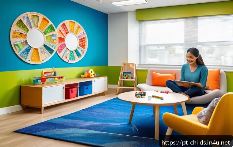 아동심리상담사로 재취업하기 - A cozy and bright therapy room designed for children, featuring colorful walls decorated with playfu...