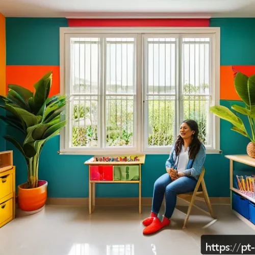 Home 32 아동심리상담사 자격증 취득방법 - A warm and inviting therapy room designed for child psychology sessions in Brazil, featuring colorfu...