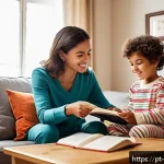 Home 23 아동심리학 이론과 실제 활용법 - A warm and cozy family living room scene featuring a young child wearing comfortable pajamas and sit...